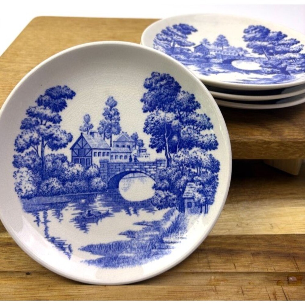 VTG Nasco Lakeview Hand Painted Japan Blue White Toile Bread Plates Set 4